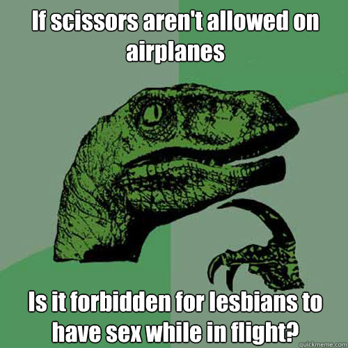 If scissors aren't allowed on airplanes Is it forbidden for lesbians to have sex while in flight?  Philosoraptor