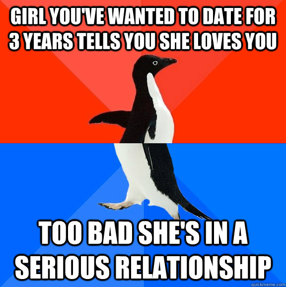 Girl you've wanted to date for 3 years tells you she loves you too bad she's in a serious relationship  Socially Awesome Awkward Penguin