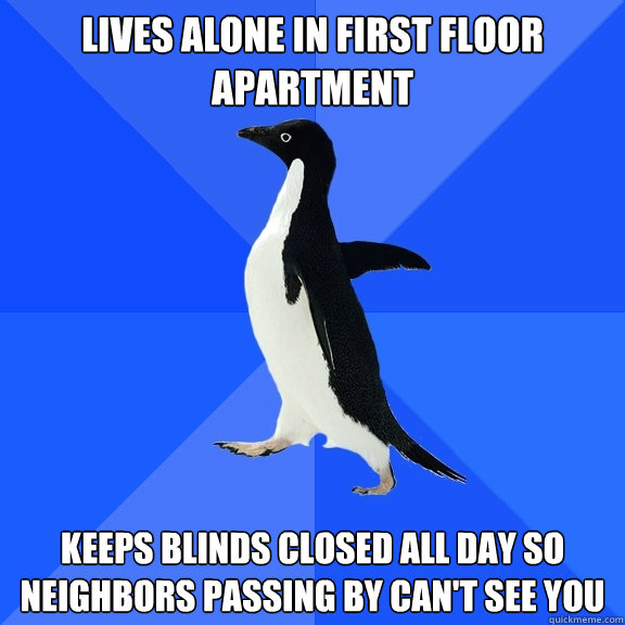 Lives alone in first floor apartment Keeps blinds closed all day so neighbors passing by can't see you  Socially Awkward Penguin