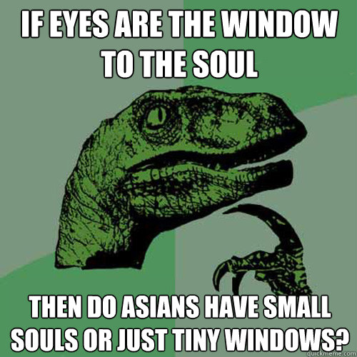 If eyes are the window to the soul then do Asians have small souls or just tiny windows? - If eyes are the window to the soul then do Asians have small souls or just tiny windows?  Philosoraptor