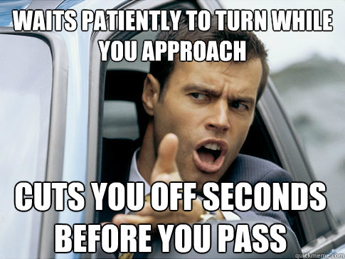 waits patiently to turn while you approach cuts you off seconds before you pass
  Asshole driver