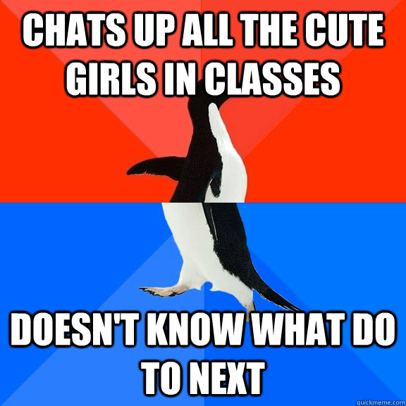 Chats up all the cute girls in classes Doesn't know what do to next  Socially Awesome Awkward Penguin