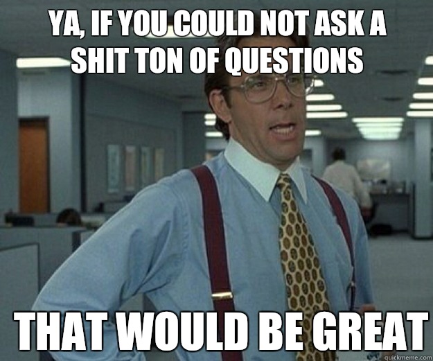 Ya, if you could not ask a shit ton of questions  THAT WOULD BE GREAT  that would be great