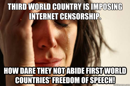 Third World Country is imposing internet censorship. how dare they not abide first world countries' freedom of speech!  First World Problems