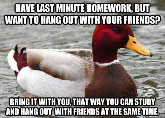 have last minute homework, but want to hang out with your friends? bring it with you, that way you can study and hang out  with friends at the same time.  Malicious Advice Mallard