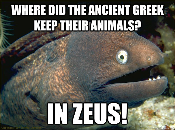 Where did the ancient Greek keep their animals? In Zeus!  Bad Joke Eel