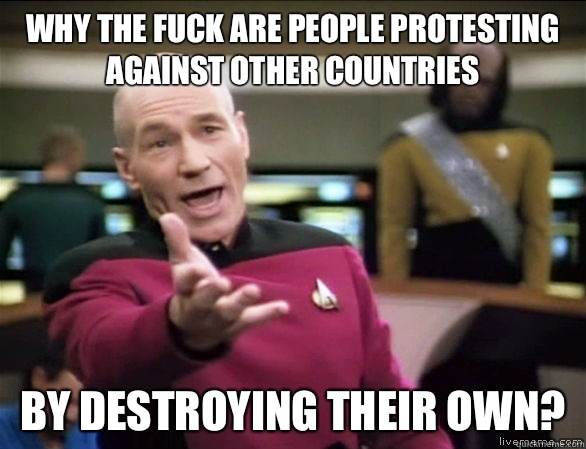 why the fuck are people protesting against other countries  By destroying their own?  Annoyed Picard HD