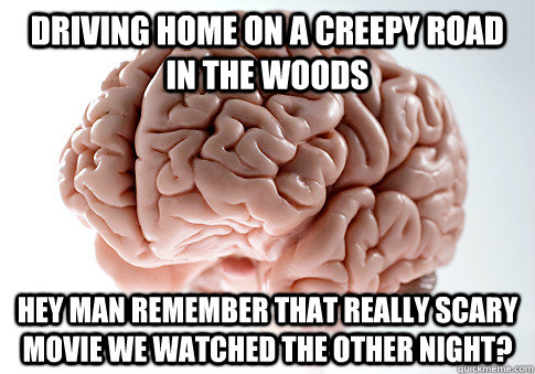 DRIVING HOME ON A CREEPY ROAD IN THE WOODS HEY MAN REMEMBER THAT REALLY SCARY MOVIE WE WATCHED THE OTHER NIGHT?   Scumbag Brain