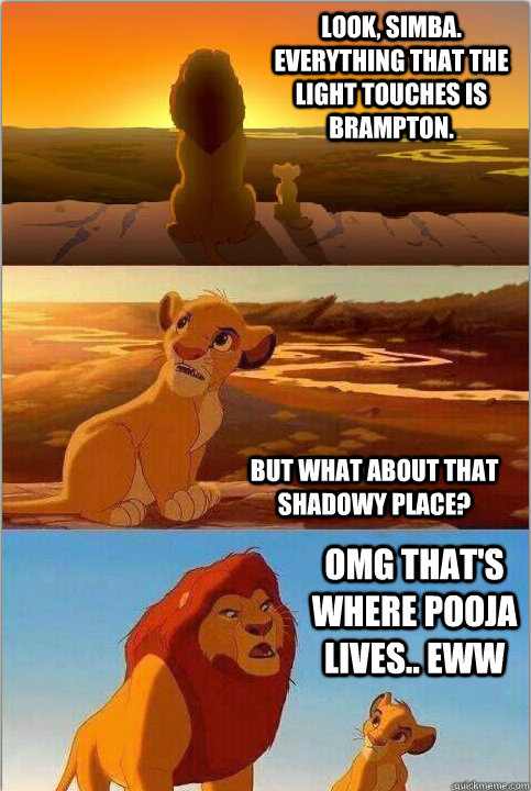 Look, Simba. Everything that the light touches is Brampton. But what about that shadowy place? OMG that's where pooja lives.. eww - Look, Simba. Everything that the light touches is Brampton. But what about that shadowy place? OMG that's where pooja lives.. eww  Shadowy Place from Lion King