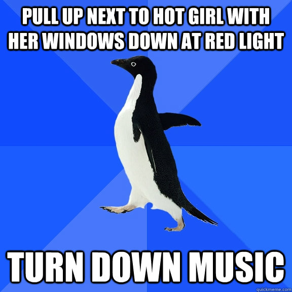 pull up next to hot girl with her windows down at red light turn down music  Socially Awkward Penguin