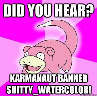 Did you hear? Karmanaut banned shitty_watercolor!  Slowpoke