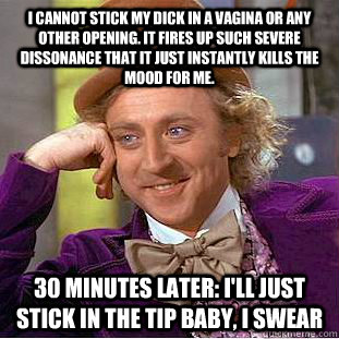 I cannot stick my dick in a vagina or any other opening. It fires up such severe dissonance that it just instantly kills the mood for me. 30 minutes later: i'll just stick in the tip baby, i swear - I cannot stick my dick in a vagina or any other opening. It fires up such severe dissonance that it just instantly kills the mood for me. 30 minutes later: i'll just stick in the tip baby, i swear  Condescending Wonka