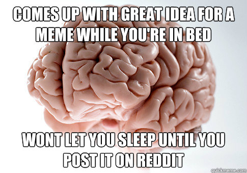 comes up with great idea for a meme while you're in bed wont let you sleep until you post it on reddit  Scumbag Brain