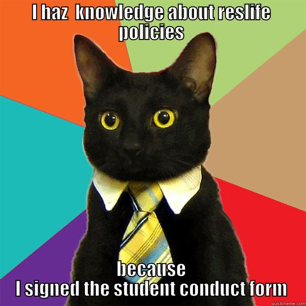 I HAZ  KNOWLEDGE ABOUT RESLIFE POLICIES BECAUSE I SIGNED THE STUDENT CONDUCT FORM Business Cat