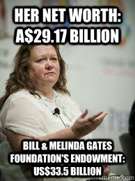 her net worth: A$29.17 billion Bill & Melinda Gates Foundation's endowment: US$33.5 billion - her net worth: A$29.17 billion Bill & Melinda Gates Foundation's endowment: US$33.5 billion  Scumbag Gina Rinehart