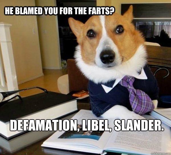 He blamed you for the farts? Defamation, Libel, Slander.  Lawyer Dog