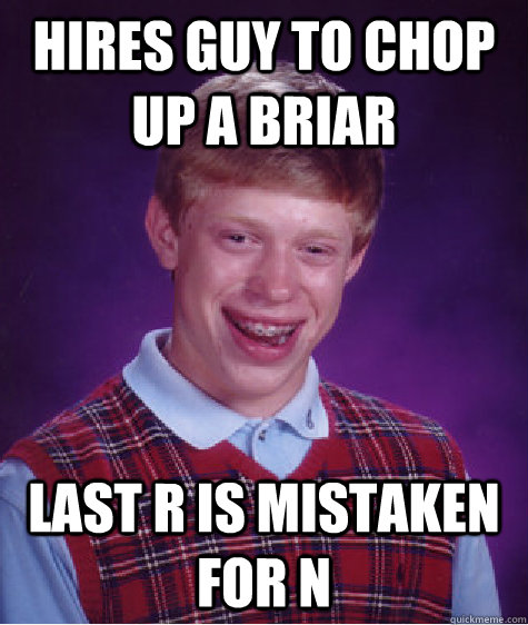 hires guy to chop up a briar last r is mistaken for n  Bad Luck Brian