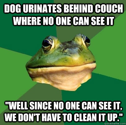Dog urinates behind couch where no one can see it 