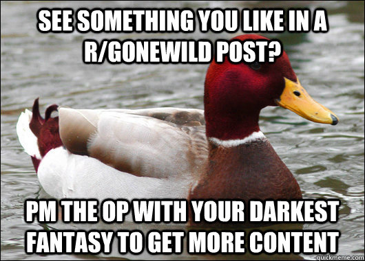See something you like in a r/gonewild post? PM the OP with your darkest fantasy to get more content  Malicious Advice Mallard