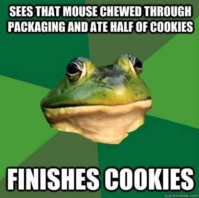 Sees that mouse chewed through packaging and ate half of cookies finishes cookies  Foul Bachelor Frog