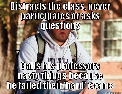 Distracts the class, never participates or asks questions Calls his professors nasty things because he failed their 'hard' exams - DISTRACTS THE CLASS, NEVER PARTICIPATES OR ASKS QUESTIONS CALLS HIS PROFESSORS NASTY THINGS BECAUSE HE FAILED THEIR 'HARD' EXAMS Scumbag College Freshman