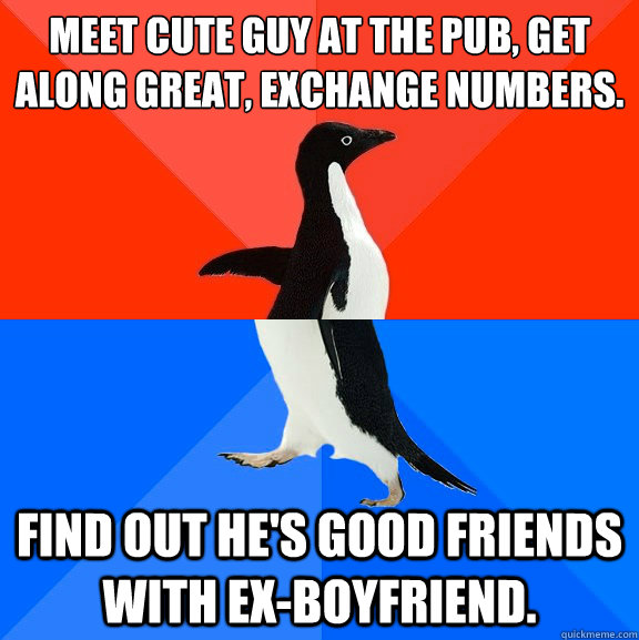 MEET CUTE GUY AT THE PUB, GET ALONG GREAT, EXCHANGE NUMBERS. FIND OUT HE'S GOOD FRIENDS WITH EX-BOYFRIEND.  Socially Awesome Awkward Penguin