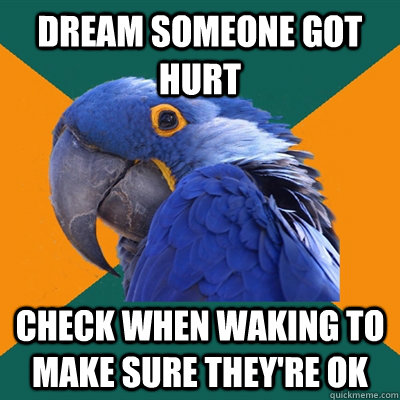 Dream someone got hurt check when waking to make sure they're ok  Paranoid Parrot