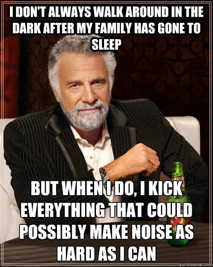 I don't always walk around in the dark after my family has gone to sleep But when I do, I kick everything that could possibly make noise as hard as I can  The Most Interesting Man In The World