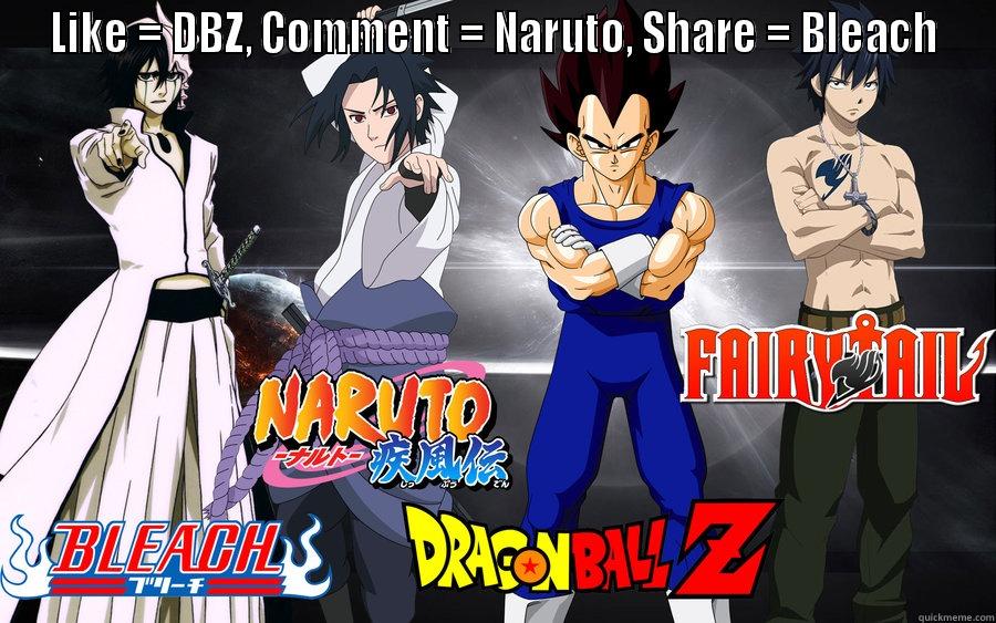 LIKE = DBZ, COMMENT = NARUTO, SHARE = BLEACH  Misc