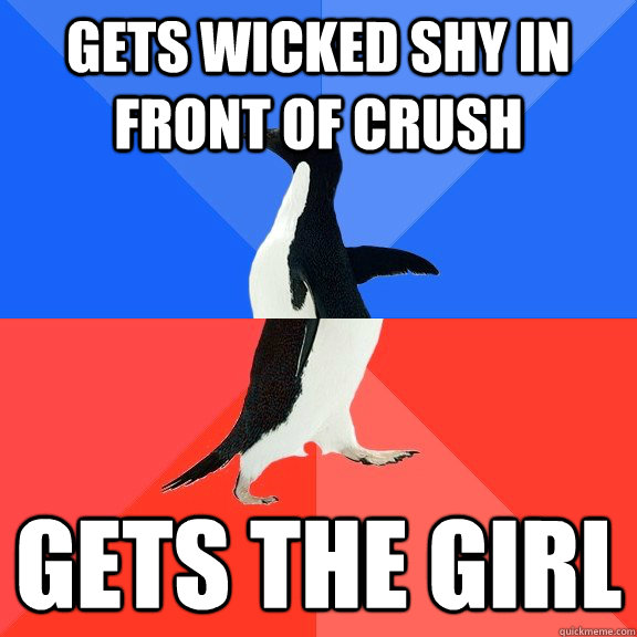 Gets wicked shy in front of crush gets the girl  Socially Awkward Awesome Penguin