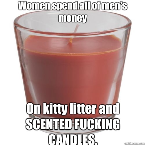 Women spend all of men's money On kitty litter and SCENTED FUCKING CANDLES.  