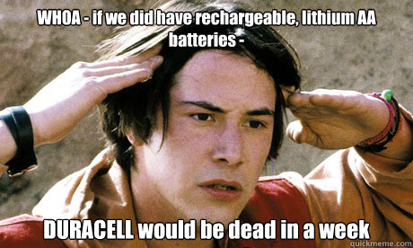 WHOA - if we did have rechargeable, lithium AA batteries - DURACELL would be dead in a week - WHOA - if we did have rechargeable, lithium AA batteries - DURACELL would be dead in a week  Keanu Reeves Whoa