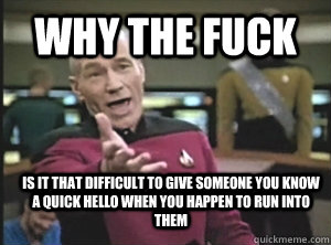 Why the fuck is it that difficult to give someone you know a quick hello when you happen to run into them  Annoyed Picard