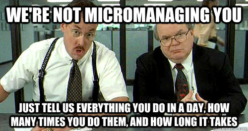 We're not micromanaging you Just tell us everything you do in a day, how many times you do them, and how long it takes  - We're not micromanaging you Just tell us everything you do in a day, how many times you do them, and how long it takes   E1avon