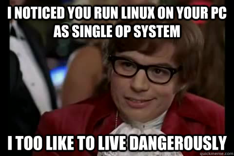 I noticed you run linux on your pc as single op system i too like to live dangerously - I noticed you run linux on your pc as single op system i too like to live dangerously  Dangerously - Austin Powers