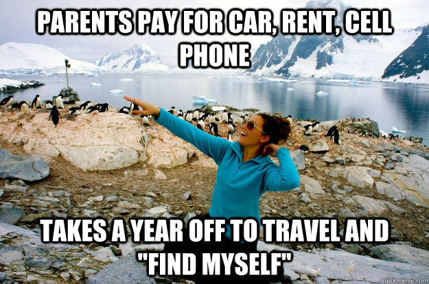 parents pay for car, rent, cell phone takes a year off to travel and 
