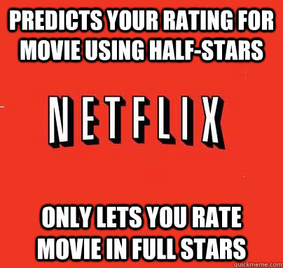 predicts your rating for movie using half-stars only lets you rate movie in full stars  NETFLIX LOGIC
