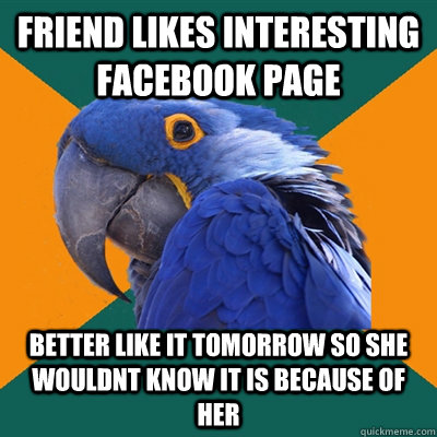 Friend likes interesting facebook page better like it tomorrow so she wouldnt know it is because of her  Paranoid Parrot