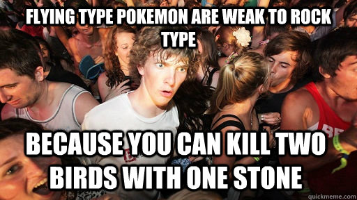 Flying type pokemon are weak to rock type because you can kill two birds with one stone - Flying type pokemon are weak to rock type because you can kill two birds with one stone  Sudden Clarity Clarence