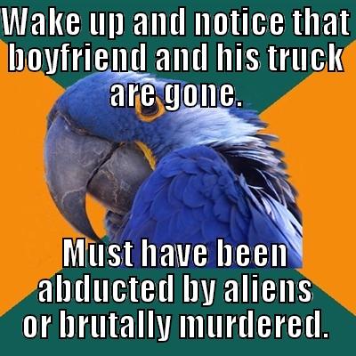 WAKE UP AND NOTICE THAT BOYFRIEND AND HIS TRUCK ARE GONE. MUST HAVE BEEN ABDUCTED BY ALIENS OR BRUTALLY MURDERED. Paranoid Parrot