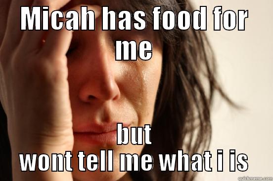 he has food - MICAH HAS FOOD FOR ME BUT WONT TELL ME WHAT I IS First World Problems