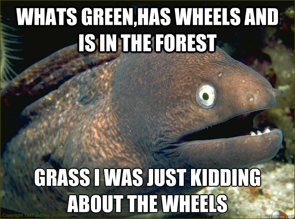 Whats green,has wheels and is in the forest Grass i was just kidding about the wheels - Whats green,has wheels and is in the forest Grass i was just kidding about the wheels  Bad Joke Eel