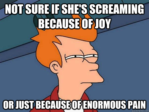 Not sure if she's screaming because of joy Or just because of enormous pain  Futurama Fry