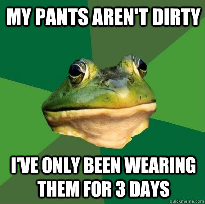 my pants aren't dirty I've only been wearing them for 3 days  Foul Bachelor Frog