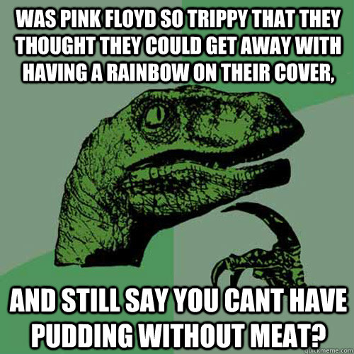 Was Pink Floyd so trippy that they thought they could get away with having a rainbow on their cover, and still say you cant have pudding without meat?   Philosoraptor