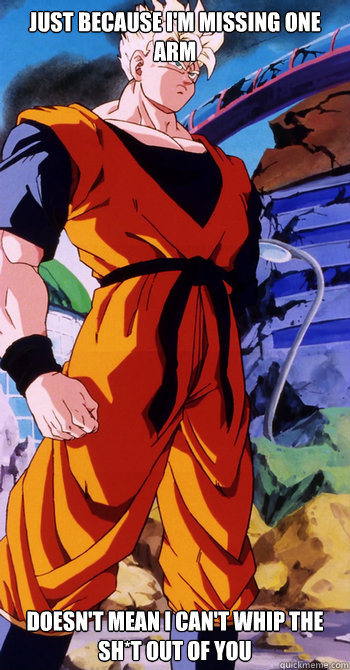 just because i'm missing one arm doesn't mean i can't whip the sh*t out of you - just because i'm missing one arm doesn't mean i can't whip the sh*t out of you  Future Gohan