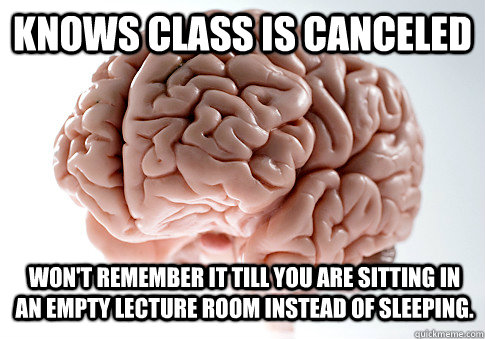 Knows class is canceled Won't remember it till you are sitting in an empty lecture room instead of sleeping.  Scumbag Brain