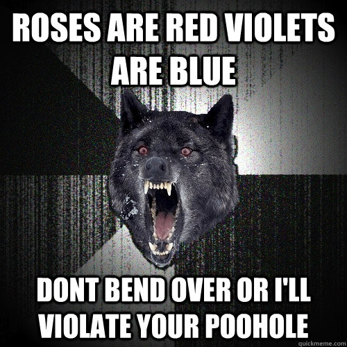 ROSES ARE RED VIOLETS ARE BLUE dont bend over or i'll violate your poohole   Insanity Wolf