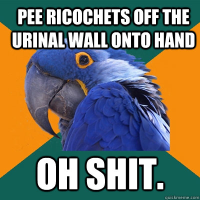 Pee ricochets off the urinal wall onto hand oh shit.  ParanoidParrot