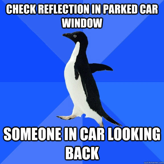 Check reflection in parked car window someone in car looking back  Socially Awkward Penguin